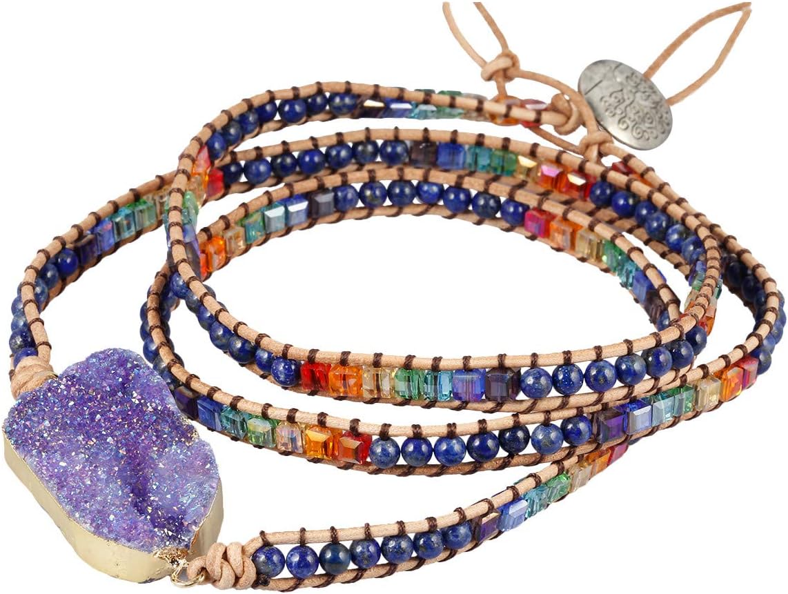 TUMBEELLUWA Wrap Bracelets Crystal Beaded Bohemian Style Druzy Leather Woven Healing Stone Jewelry for Women