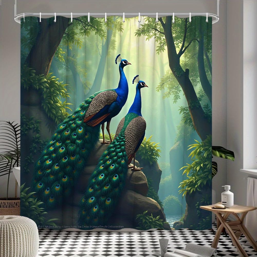 GLWDMB 1 Piece 180x180CM Forest Peacocks Printed Shower Curtain With Hook, Polyester, for Windows And Walls, Bathtub, Bathroom, Machine Washable, All Season Universal
