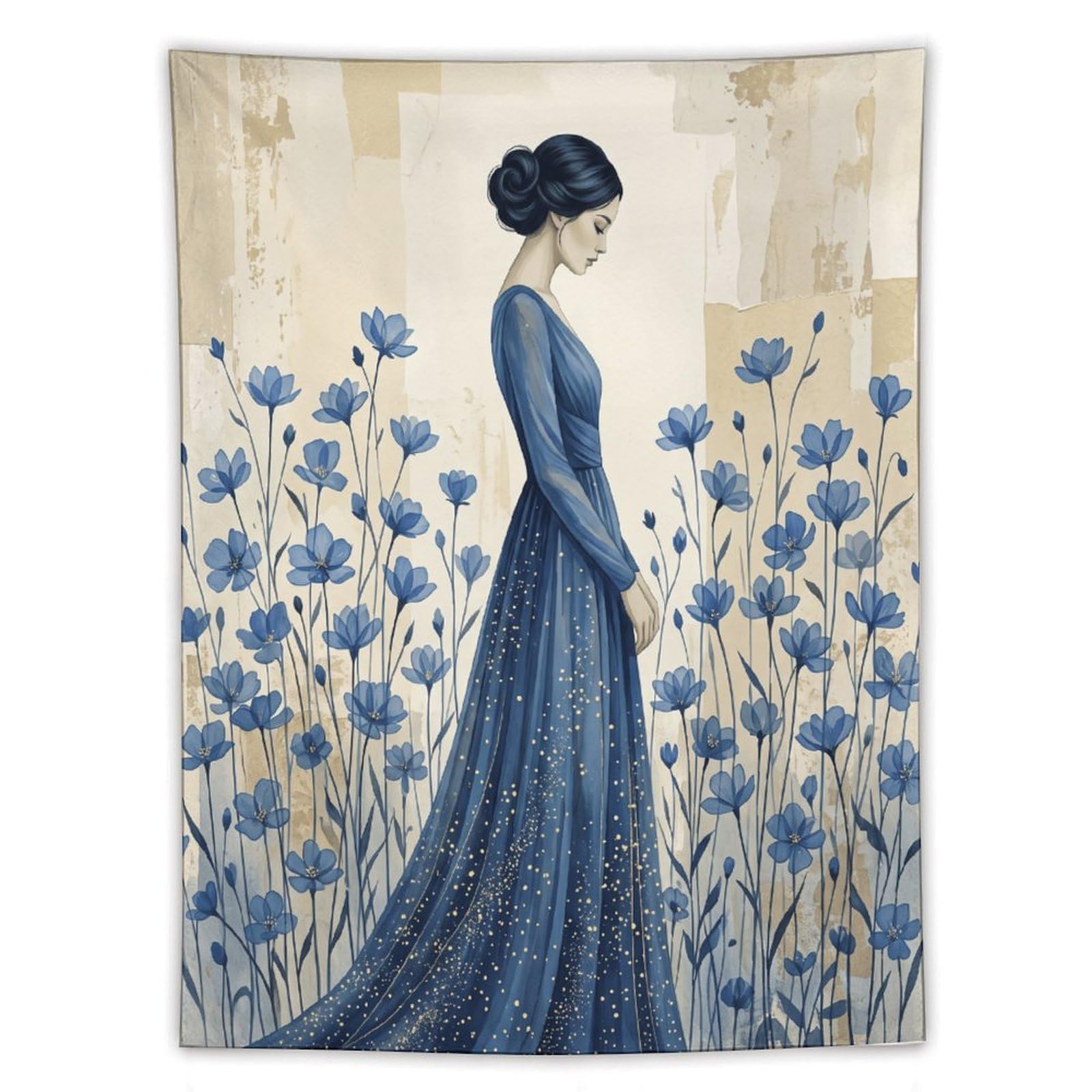 H3B8U2Y5 Blue Dress Woman Botanical Wall Tapestry, Impressionist Meadow