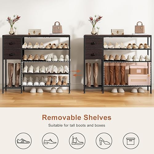 Miniatura 5 de Zapatero de 5 niveles con 2 cajones de tela, marco de metal y tablero de madera organizador de zapatos para 16-20 pares de zapatos, estante