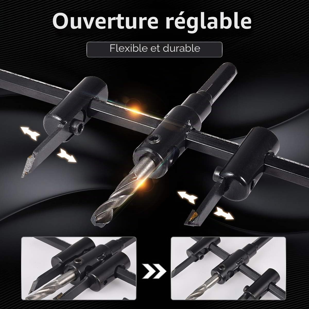KATUR Scie à trous réglable Kit de mèches pour trous circulaires 30mm à 300mm, mèches de scie à bois pour cloisons sèches, coupe ronde, outils de bricolage pour le travail du bois