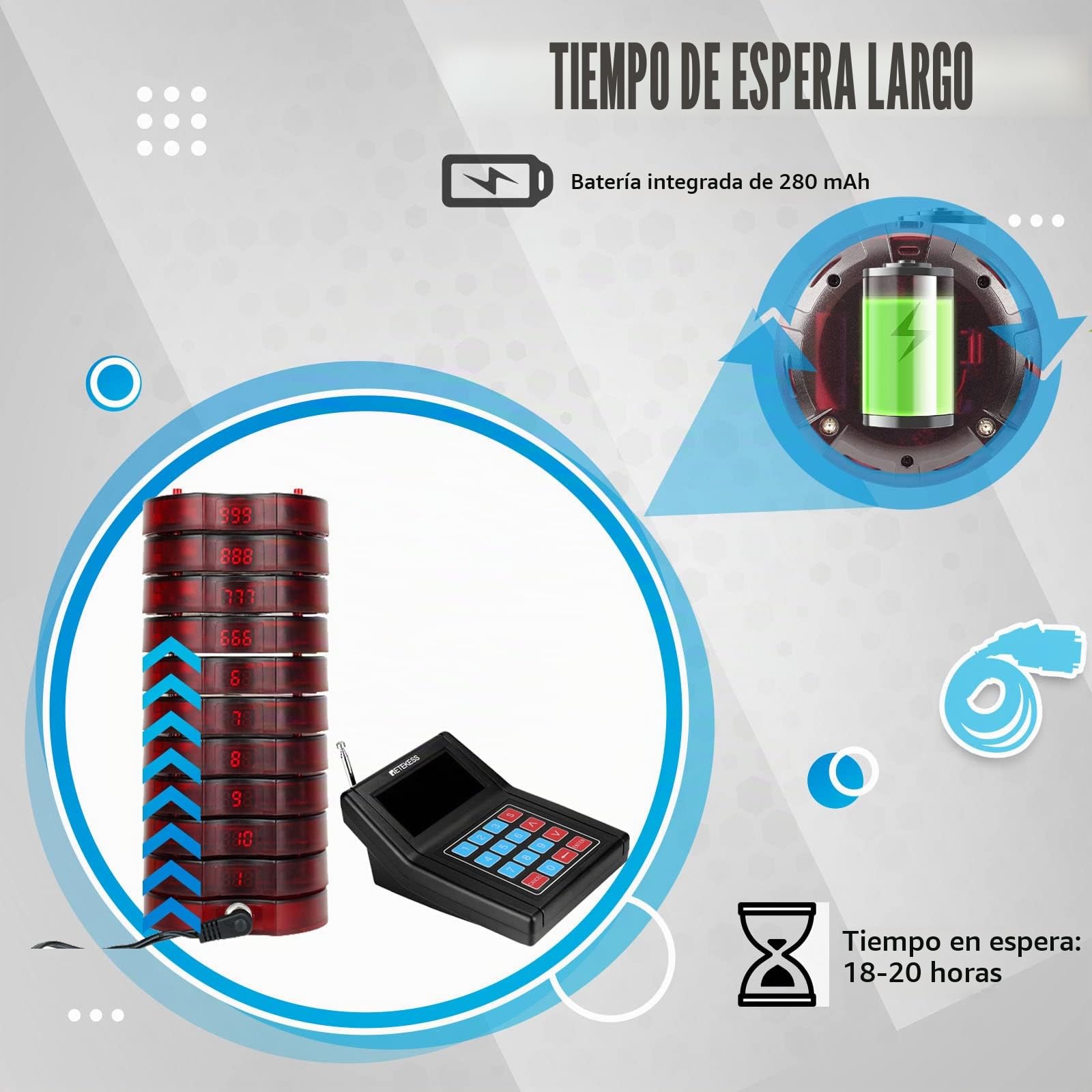 Retekess TD165 Sistema de Llamadas Restaurante, Avisadores, 10 Pagers | para Restaurantes, Hoteles, Clínicas, Largo Alcance de 300M, 999 Canales, Recargables, 3 Modos de Llamada