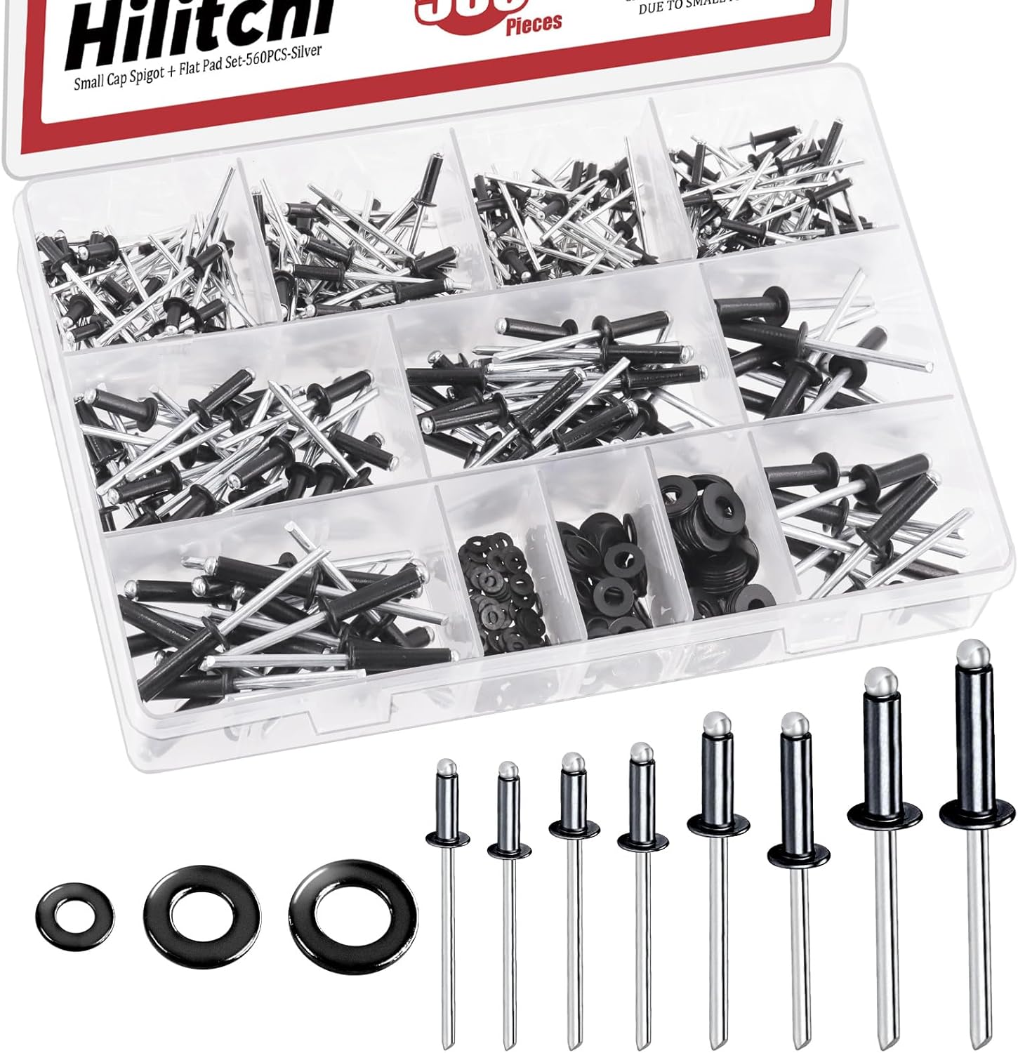 Hilitchi 560Pcs 8 Sizes Pop Rivets Assortment Kit with Washers, 3/32" 1/8" 5/32" 3/16" Aluminum Rivets Assorted Large Flange Blind Rivets with Case for Metal Furniture Vehicles(Black）