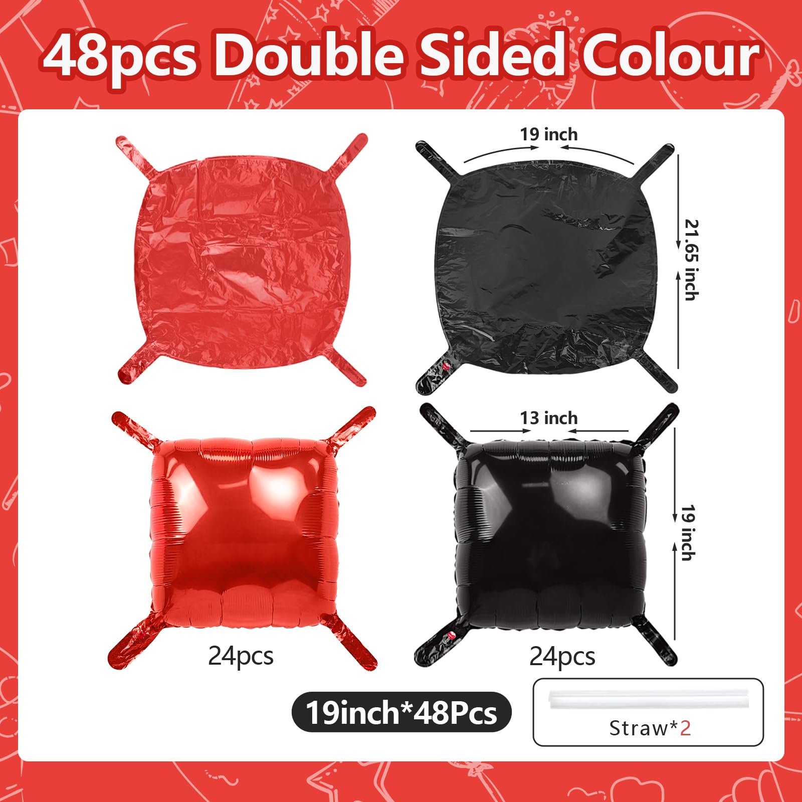 NISOCY 48 globos cuadrados de papel de aluminio rojo y negro para telón de fondo de pared de doble cara, kit de arco de globos rojos y negros para cumpleaños, día de San Valentín, Halloween