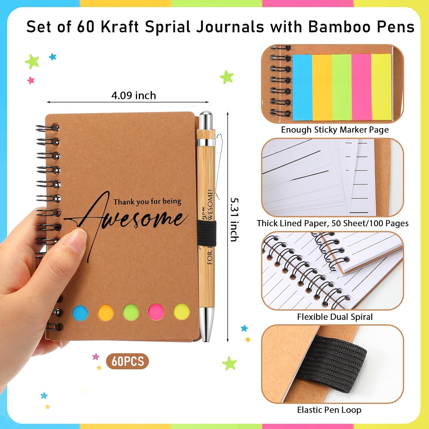 Chuangdi 60 Sets Employee Appreciation Gift Bulk Inspirational Spiral Notebook with Sticky Note Motivational Pen Thank You Gifts for Team Staff Coworker Nurse Teacher (Kraft)