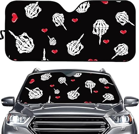 Car Windshield Sun Shade,Portable Middle Finger Skull Heart Vehicle Interior Decor Sun Block Visor Mat Sunshade