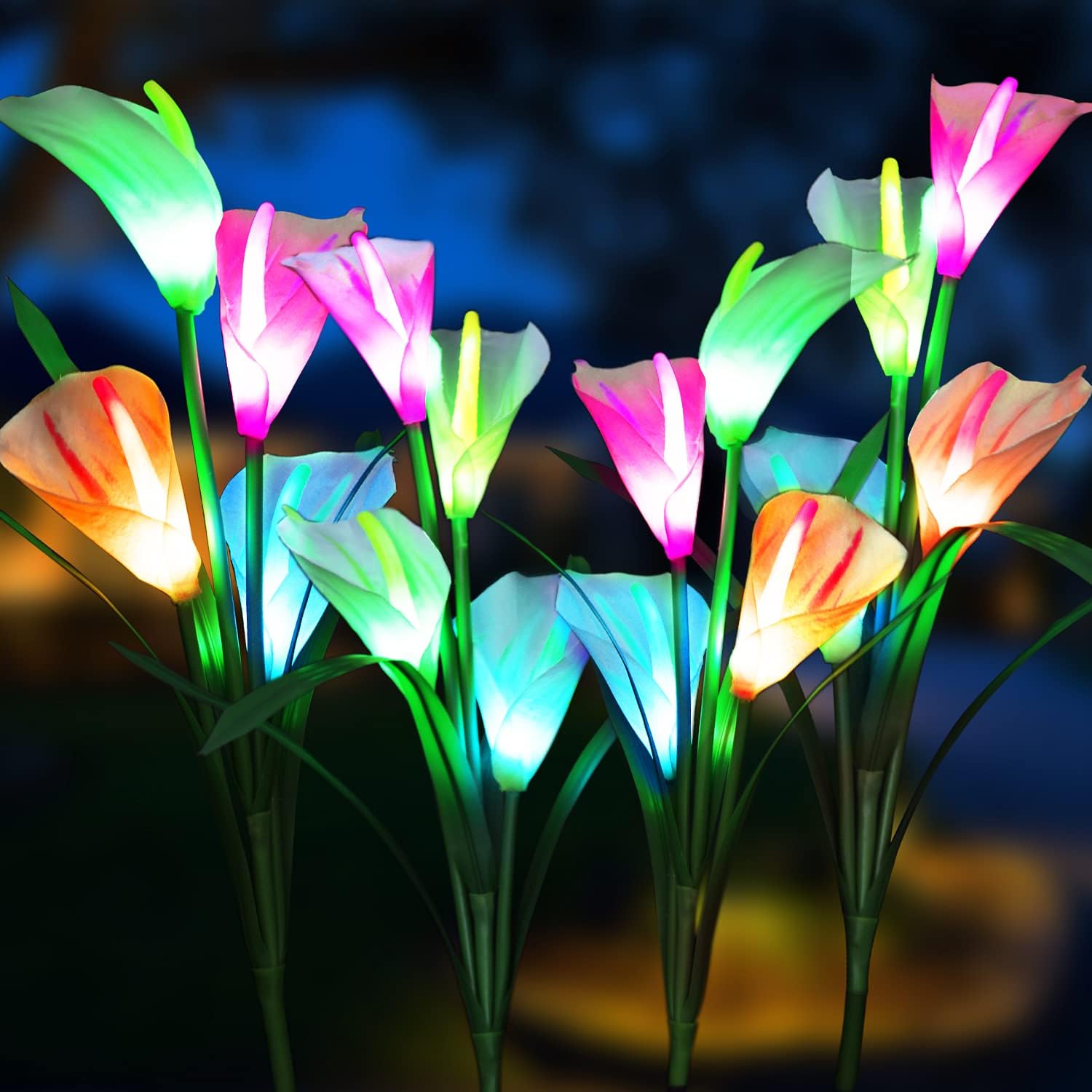 Aluan Solar Garden Lights, 4 Pack Multi-Color Changing LED Solar Calla Lily Flower Lights, Waterproof Solar Lights Outdoor Decorative for Garden, Patio, Lawn, Yard, Pathway