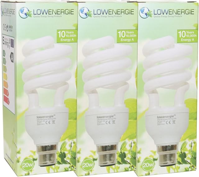 20W Energy Saving Spiral CFL 6500K Day White Colour Light Bulb B22 Bayonet Cap, Stick, 10 Years, 10,000 Hours Compact Fluorescent by Lowenergie. Ideal for Sufferers of S.A.D. [Energy Class A] (3)