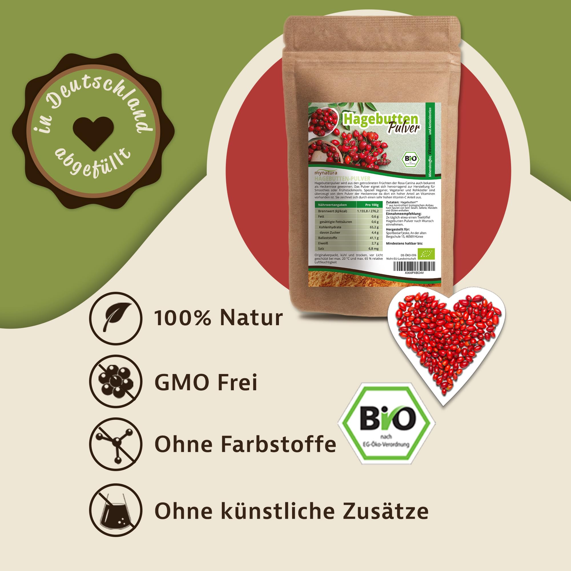 Mynatura Bio Hagebuttenpulver 3x 1000g I Pflanzlich I Schonend Verarbeitet I Heckenrose I Naturrein I ohne Gentechnik I Vitamin-C I Hagebuttenmehl I DE-ÖKO-044 I ((3x1000g))