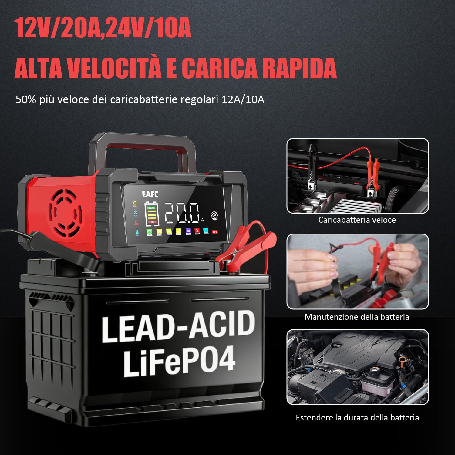 Caricabatterie portatile da 20 A, 12 V/24 V, ricarica a 9 livelli, modalità di riparazione, caricabatterie per STD, AGM, EFB, gel, SLA, LiFePO4, veicoli a motore, moto