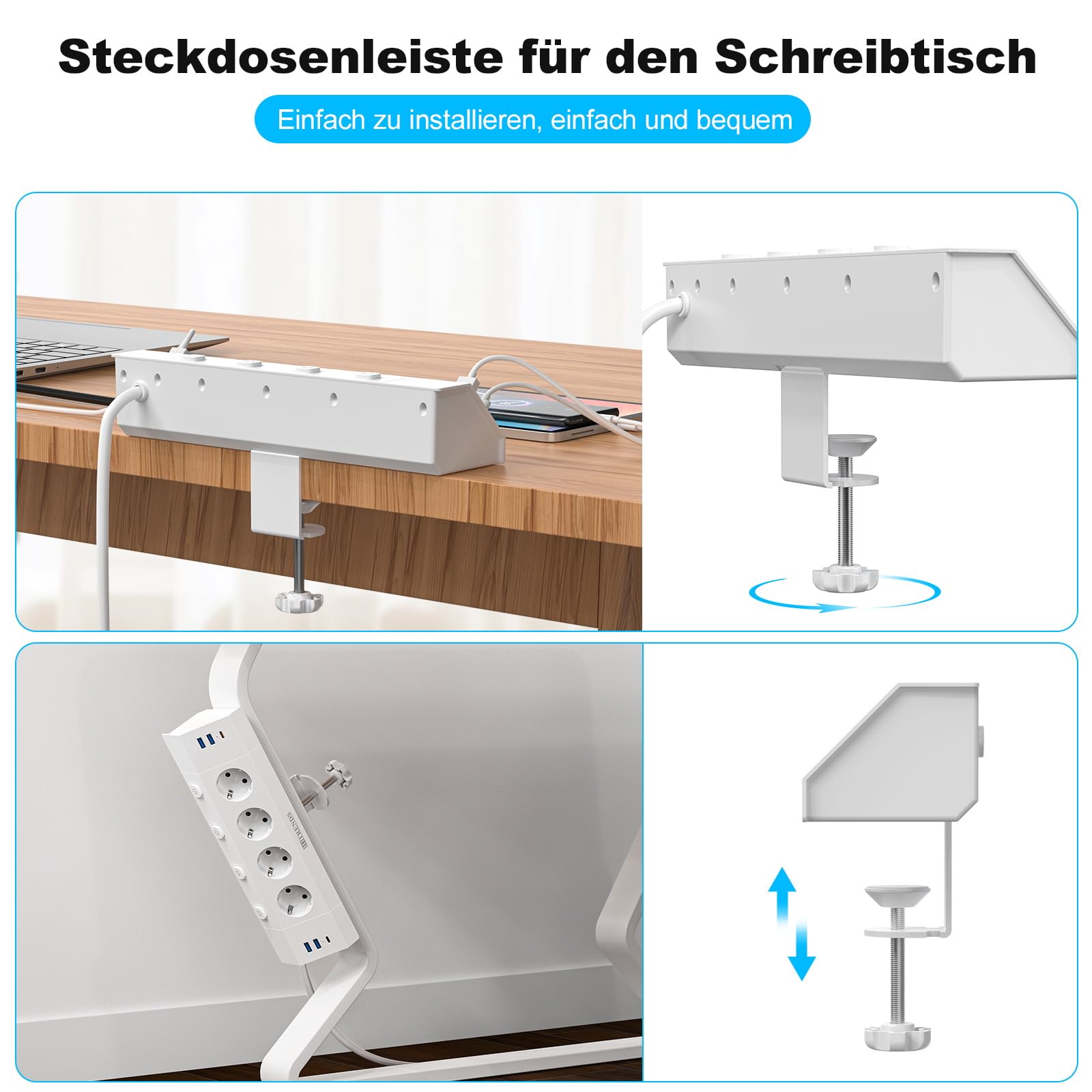 Mesa de escritorio con USB C PD de 20 W, regleta con 4 interruptores individuales, toma de corriente de 4 vías con 6 USB, enchufe plano, enchufe múltiple, montaje en pared con cable de 2 m