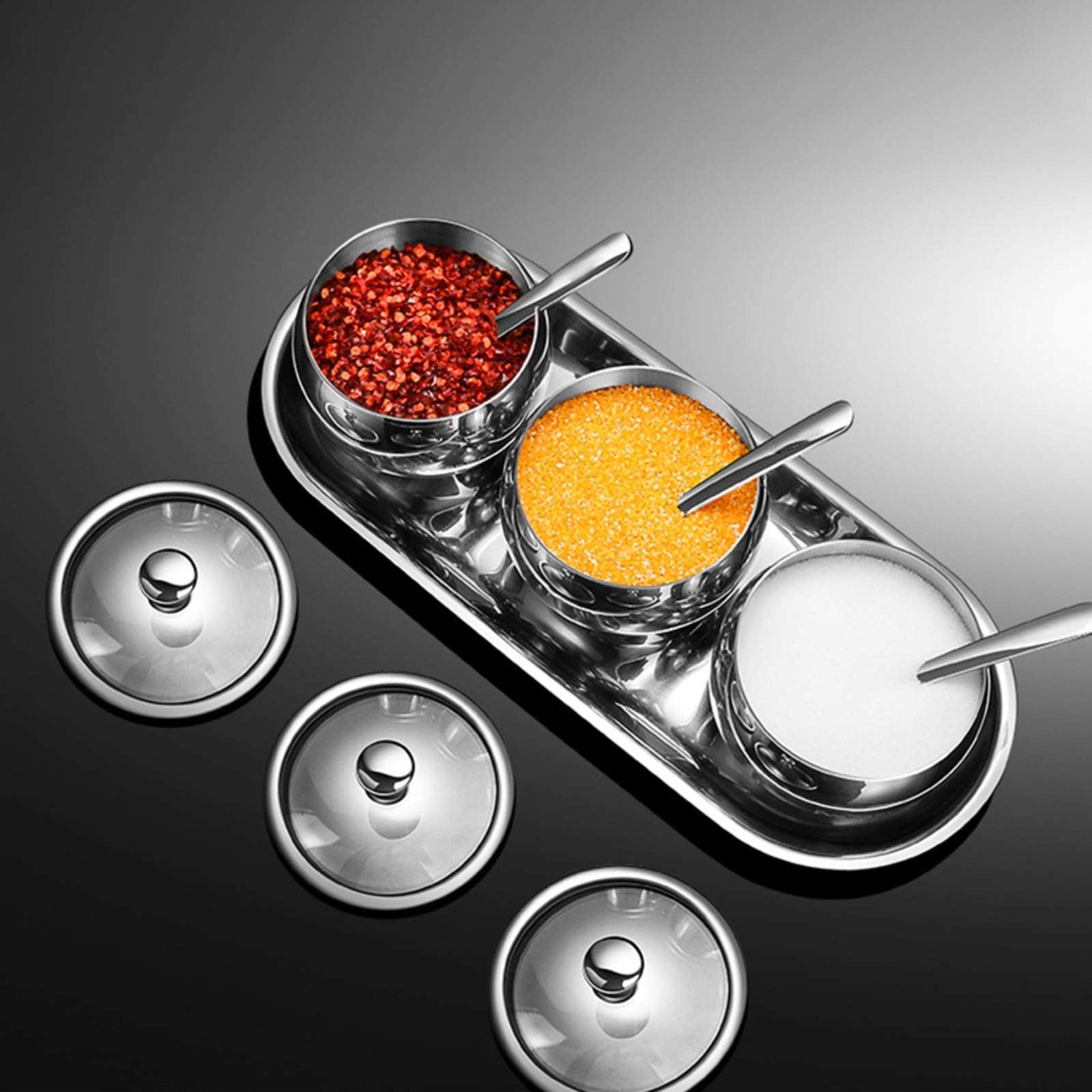 Zuckerdosen-Set aus Edelstahl mit Löffel und Tablett, 3 Fächer, Gewürz-Organizer für Salz und Gewürze, 300 ml, Küchenbehälter, Silber (drei)