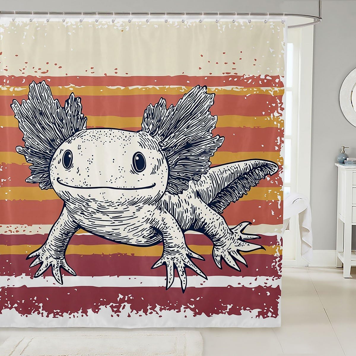 White Axolotl Shower Curtain Cute Axolotl Bath Curtain Kawaii Wildlife Animals Pet Bathroom Sets Accessories For Kids Boys Girls Decor Gift Rainbow Striped Cartoon Bath Curtain 72" W x 78" L