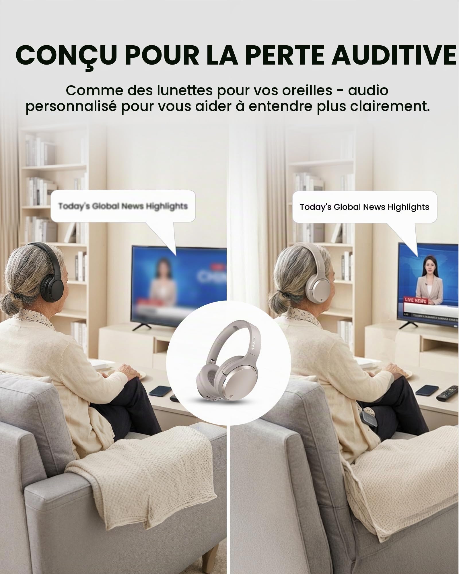Avantree Eon Me – Casque Bluetooth à Son Personnalisé pour Seniors, Voix Claire, 60 h d’autonomie, Batterie Remplaçable, pour Smart TV, Smartphones et Tablettes