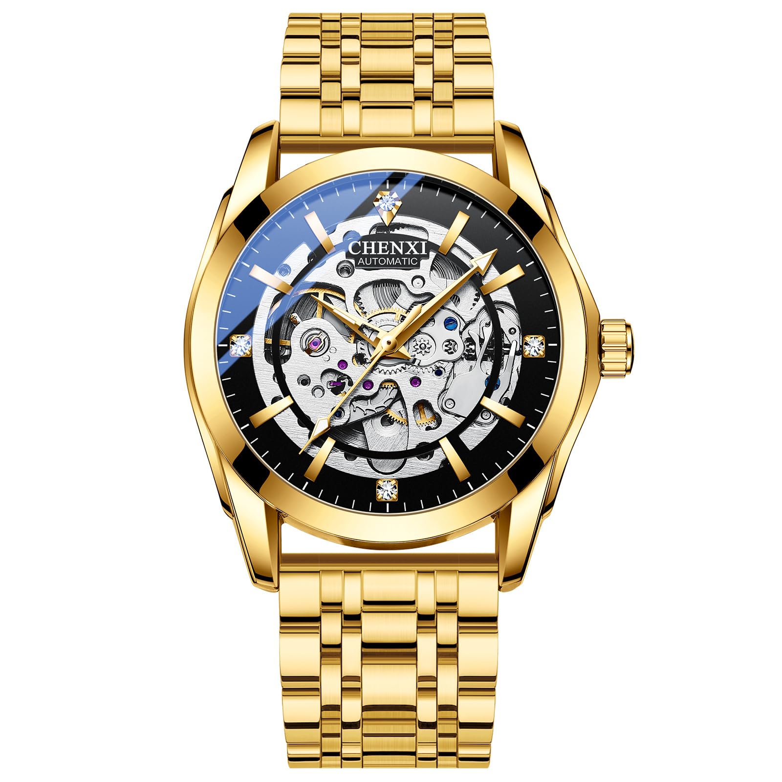 JewelryWe Automatyczne zegarki dla mężczyzn: samonakręcające się mechaniczne markery diamentowe 36-godzinna rezerwa mocy świecące wskazówki 3 ATM wodoodporny odpinany zegarek na rękę ze stali