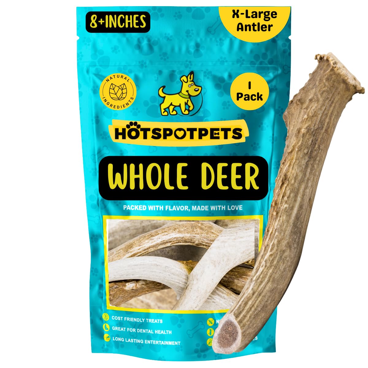hotspot pets Premium Whole Deer Antlers for Dogs - 8+ Inch X-Large Deer Antler Dog Chews - Naturally Shed for Large Breed Aggressive Chewers - Sourced in USA (1, X-Large Antler)