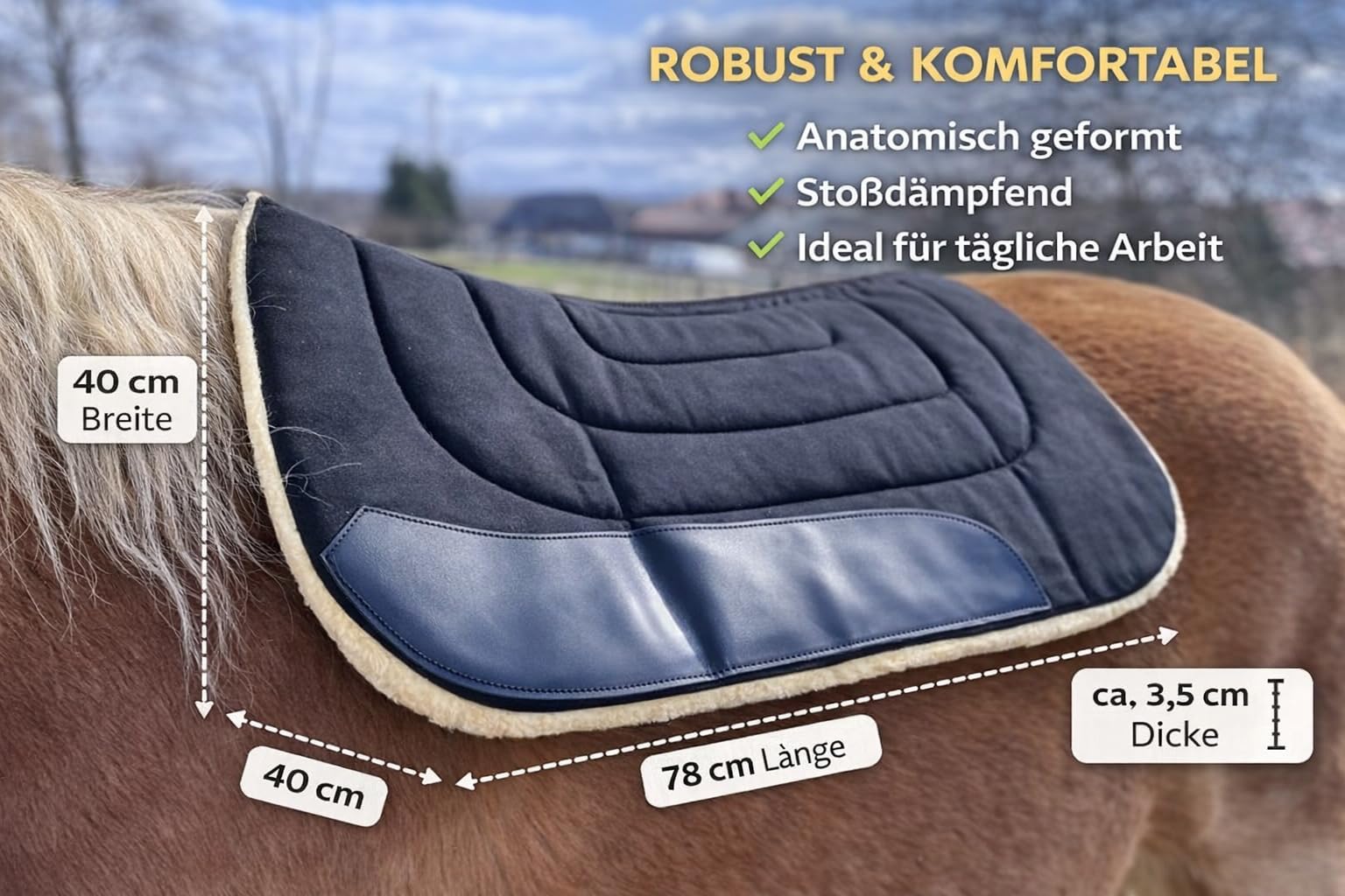 Westernpad anatomisch 78 cm schwarz – dick gepolstertes Sattelpad 3,5 cm – stoßdämpfend & robust – Western Sattelunterlage für Pferd, Training & tägliche Arbeit