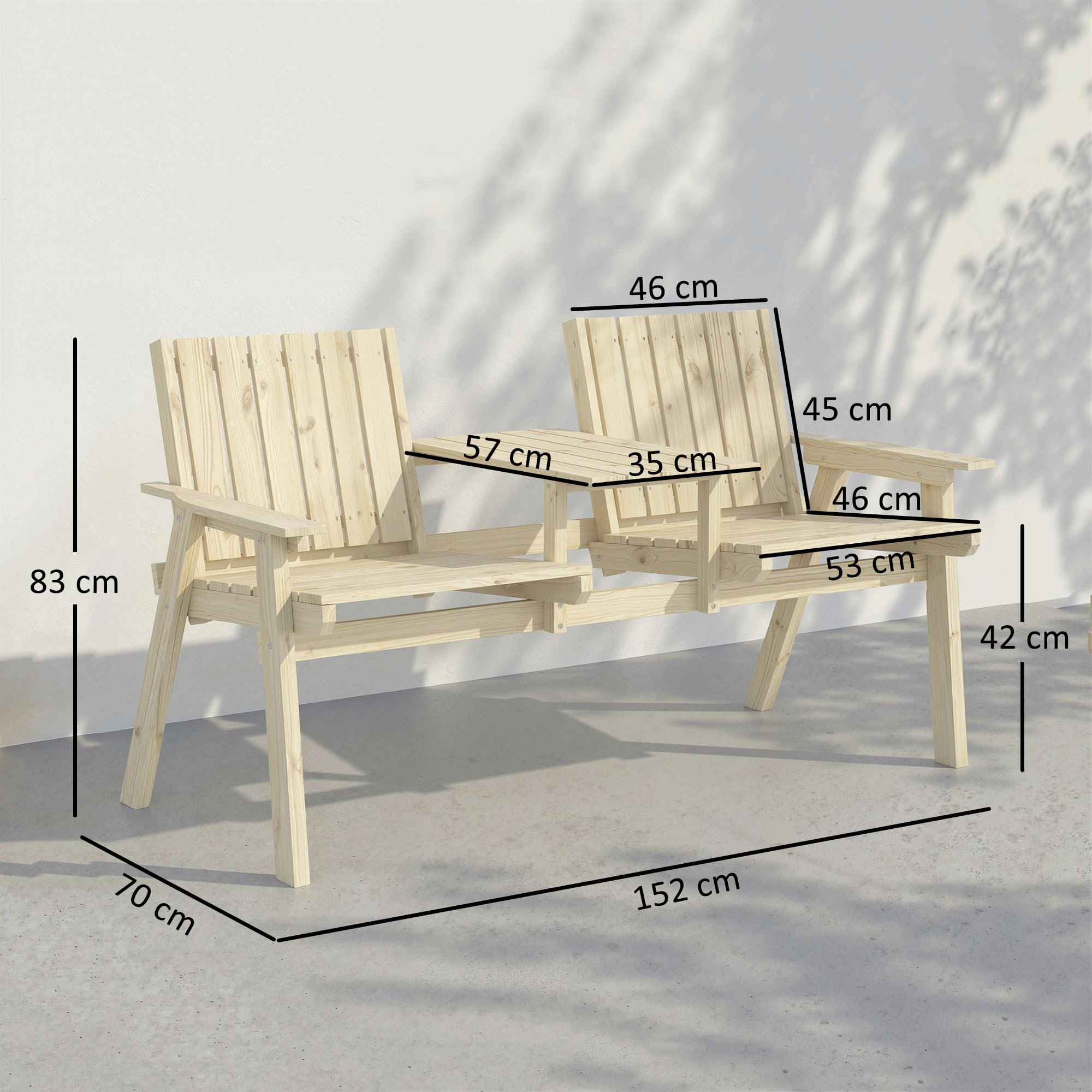 Outsunny Wooden Garden Loveseat, 2-Seater Garden Chair with Table & Parasol Hole, Outdoor Bench for Porch Patio, Natural Wood Finish - Image 7