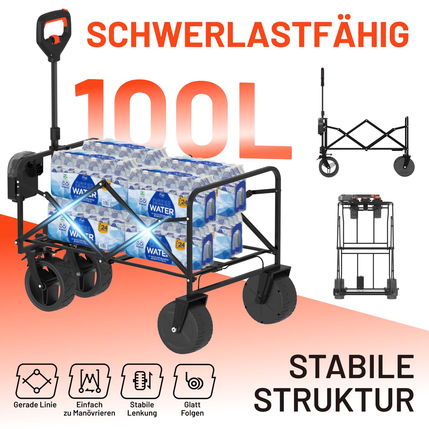 Litheli Carrello elettrico pieghevole, con motore e freni, portata 100 l, 50 kg, adatto per campeggio, giardino, spiaggia, shopping (nero, W1 Go, senza batteria)