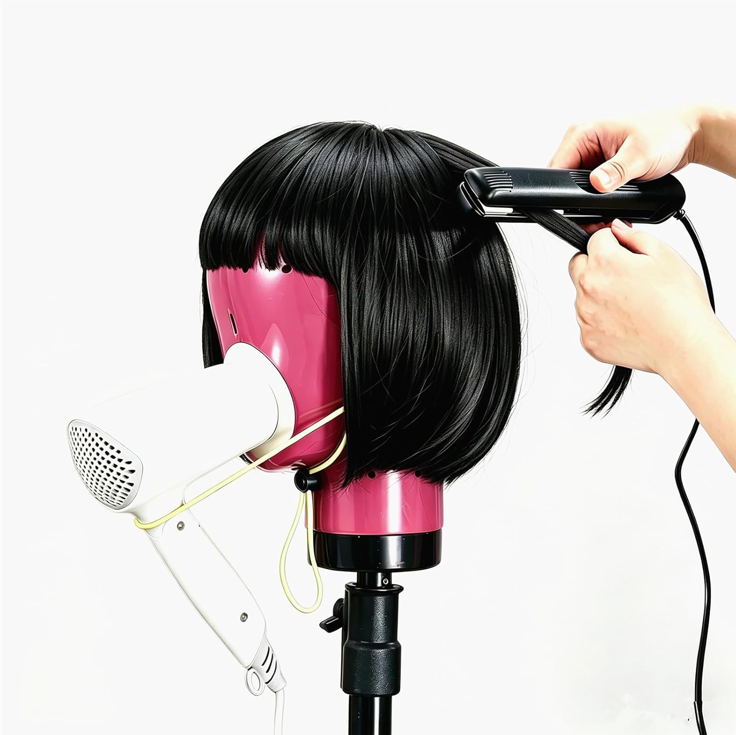 Maxsirui Wig Head Stand - Fresh Holder With Mannequin for Drying and Styling Hair, Scalp Cap Net, Dryer With Holes (Pink)