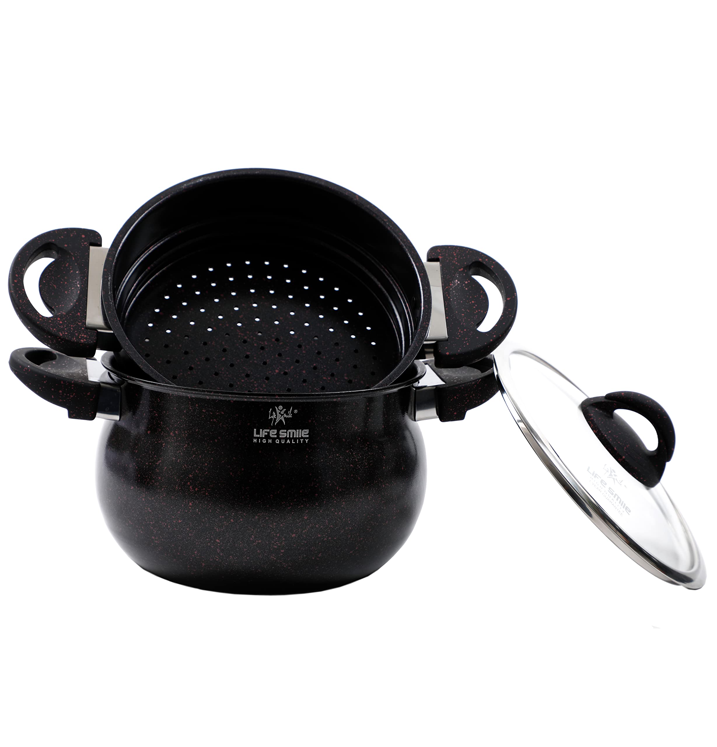 LIFE SMILE Steamer Pot 10 Liter - Steaming Cookware Couscoussier with Tempered Glass Lid- 2 Tier Steaming Pot Granite Coating Stock Pot- Induction Bottom - Dishwasher Safe (26 CM (10 Liters), Red)