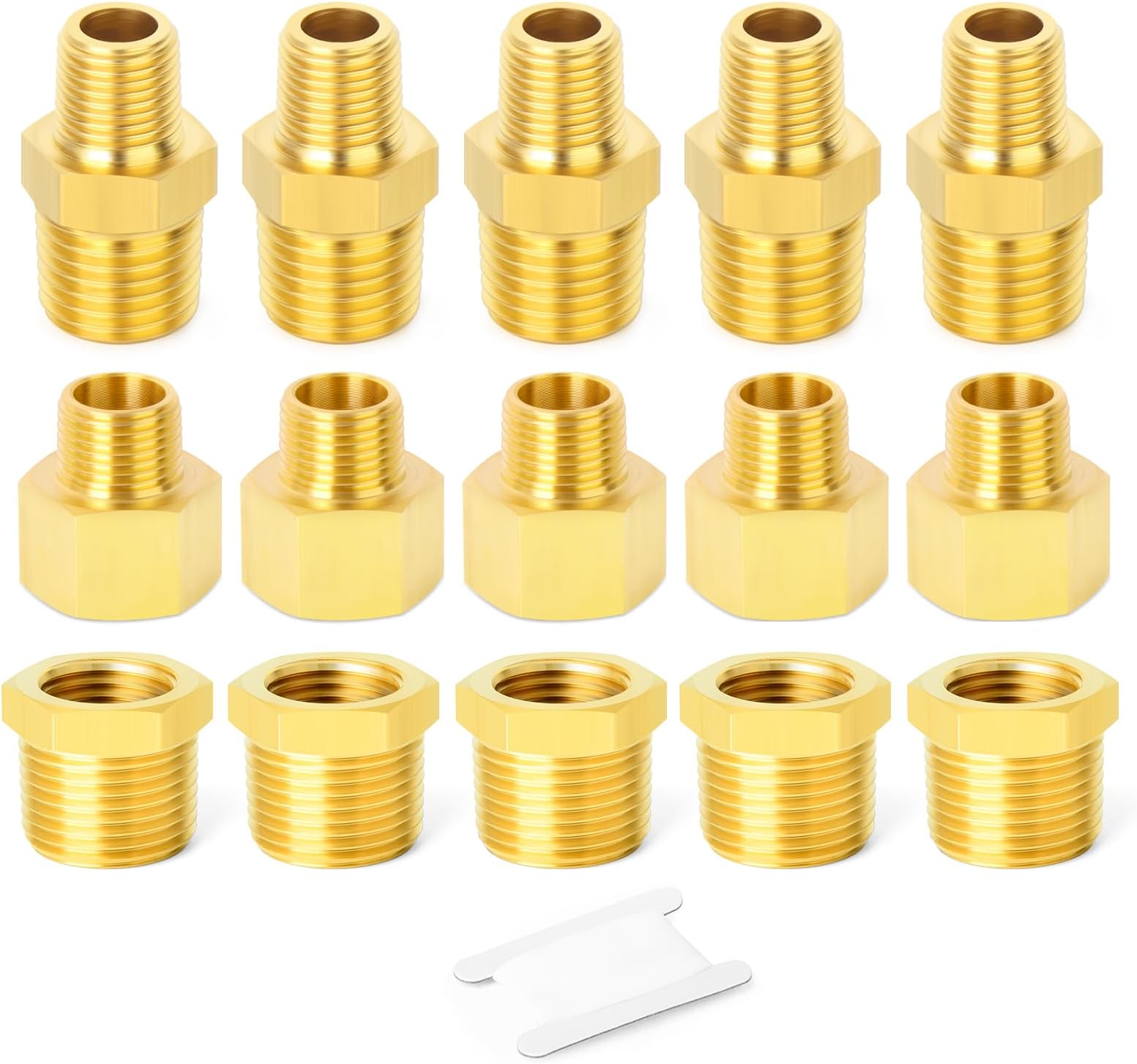 GASHER 15PCS Brass Pipe Fitting, Hex Bushing, Reducer Adapter, Reducing Hex Nipple 1/8 Inch NPT x 1/4 Inch NPT