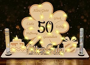 50 Money Gifts Birthday for Woman Men, LED Clover Lucky 50th Birthday Gifts Woman Husband, 50th Birthday Money Gifts Packaging for Men Women, Wooden Guest Book Personalised Table Decoration