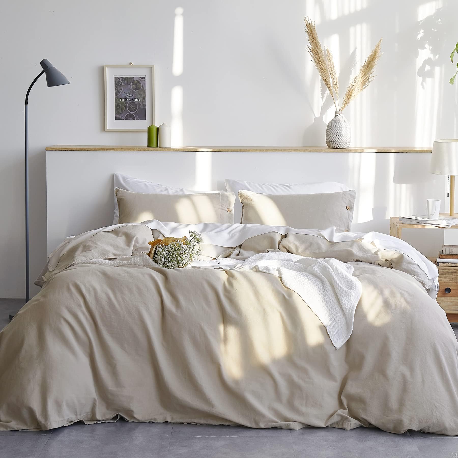 Bedsure 45% Cotton & 55% Linen Duvet Cover Queen with 2 Pillow Shams - Full Size(90"x90"), 3 Piece Ultra Soft Breathable Beding Insert Comforter Cover Sets with Button Closure, Greige Natural Color