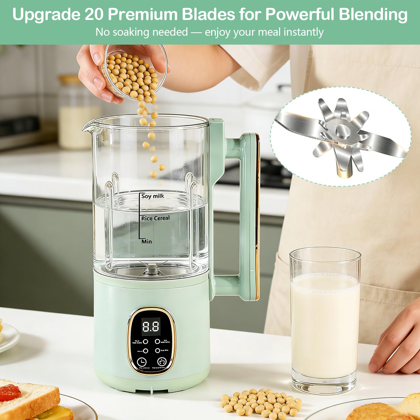 Machine à lait de soja 800 ml, préparateur de lait végétal, tête de broyage inox 20 lames, menus intelligents, sécurité enfant, arrêt automatique, maintien au chaud, auto-nettoyage