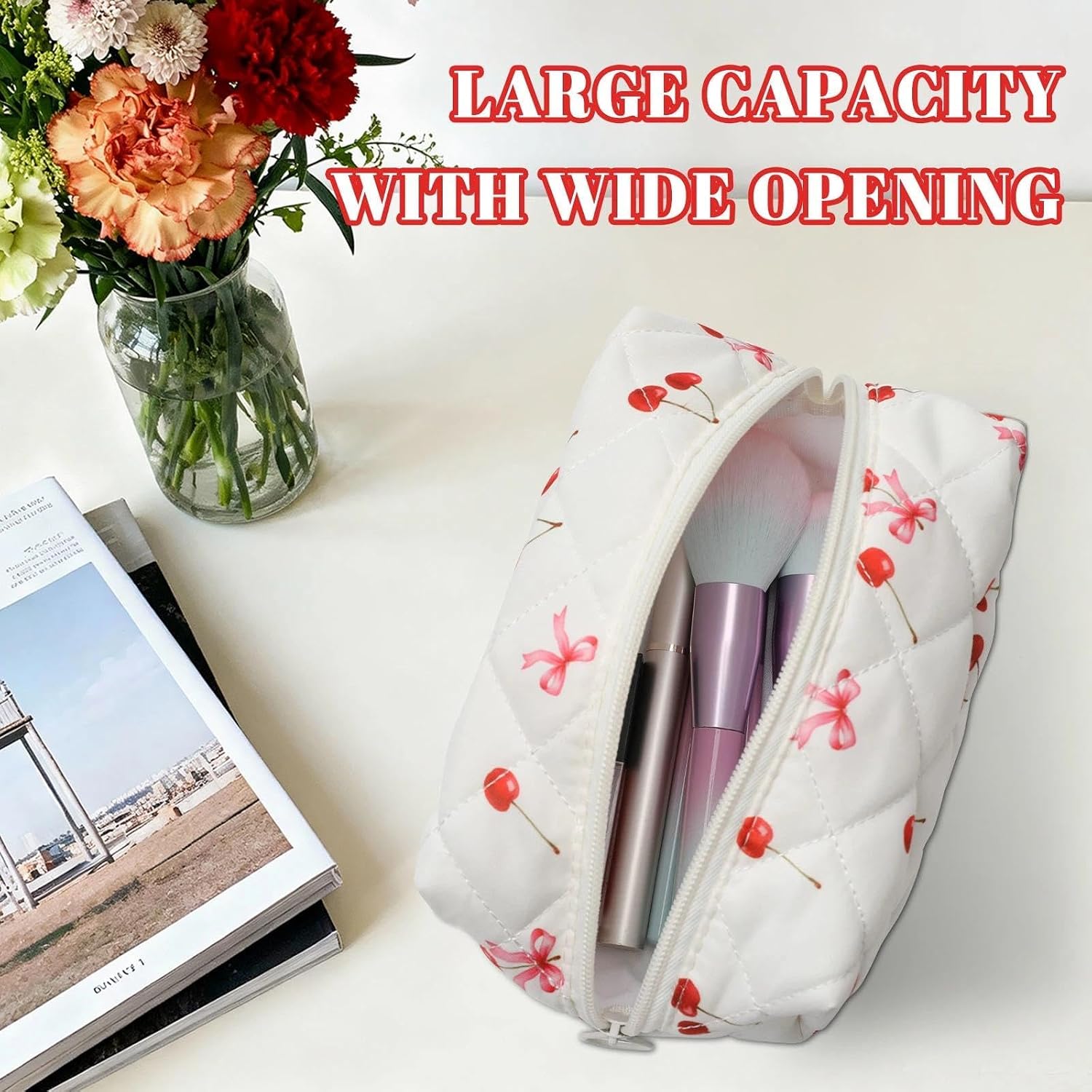 Quilted Makeup Bag, Cherry Bow Cotton Cosmetic Bag, Coquette Makeup Pouch for Women Girls, Aesthetic Organizer Bags Travel Toiletry Bags image 2