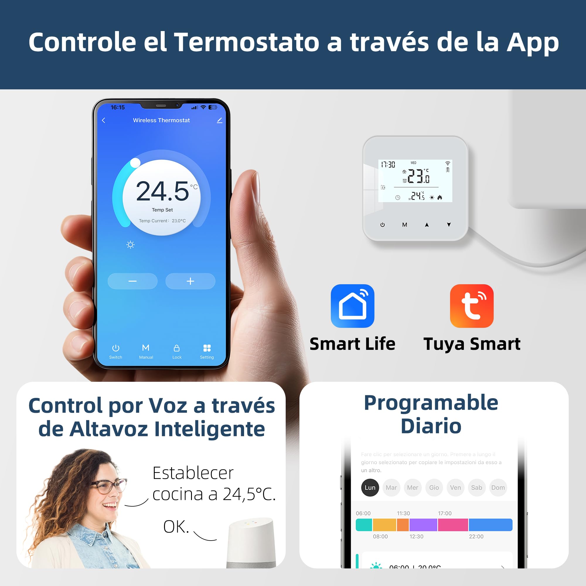Termostato WiFi alimentato a batteria, termostato intelligente Tuya programmabile, compatibile con il controllo vocale Alexa e Google Assistant, l'app può condividere i dispositivi, Bianco