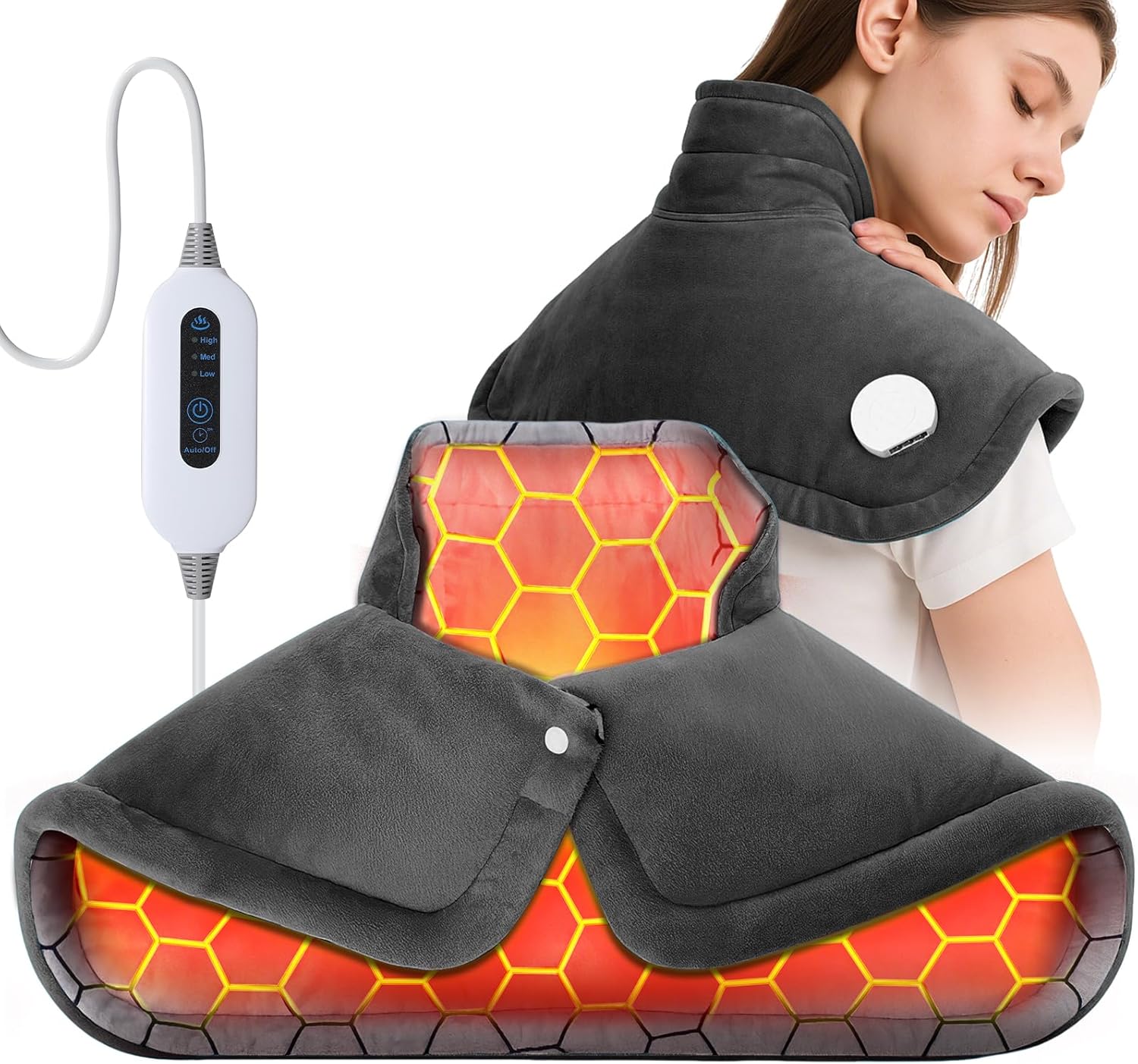 Heating Pad for Back Neck Shoulders, Large Wearable Relax Muscles, Birthday Gifts for Women Men Mom Dad Elderly, 3 Heat Settings/2-Hour Safe Auto-Off, 23″×17″ Ergonomic Fit Design-Gray