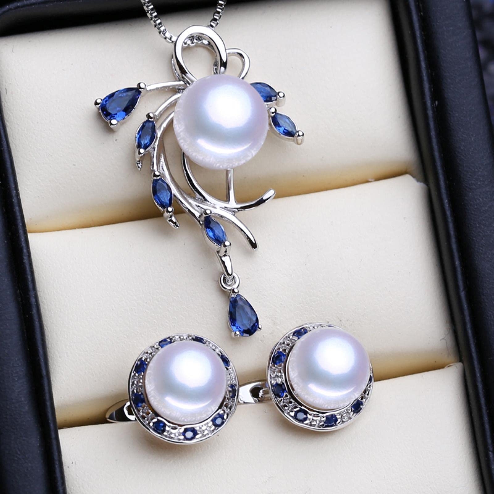 LOKILOKILOKILOKI 925 Sterling Silver Necklace Natural Pearl Jewelry Sets For Women Bohemian Stud Earrings Sapphire Pendant