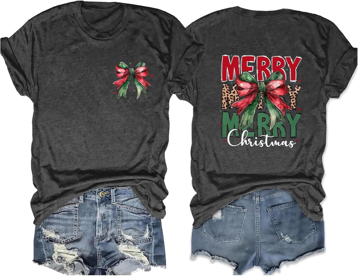 Merry Christmas Shirts for Women Xmas Bow Graphic Shirt Vintage Holiday Short Sleeve Casual Christma Top