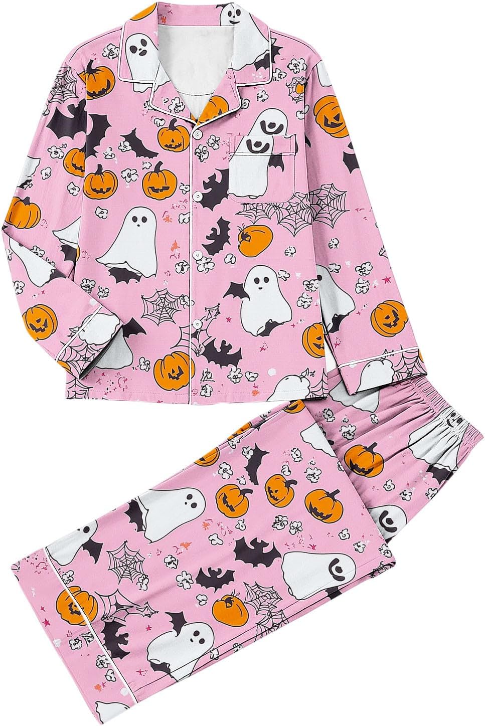 Ladies Halloween Print Pajamas Set Button Down Sleepwear Two Piece Set | Printed Long Sleeve Shirt Loose Pants, Fall Winter Nightwear, Loungewear for Wedding, Party, Home, Daily Wear, Date Nights