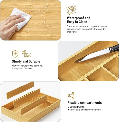 Miniatura 2 de Organizador de cajones de cocina de bambú, organizador de cubiertos para cajones de cocina, bandeja de utensilios y almacenamiento de cubiertos para