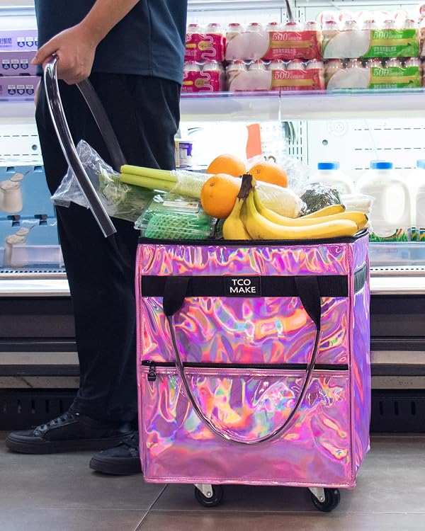Reusable Grocery Bag on Wheels, Rolling Shopping Bags with Wheels and Handle, Folding Rolling Tote Trolley, Zipper Cover, Carries Up to 22 LBS, Easy Transportation (Small, Phantom Pink) by TCOMAKE - Used condition - Image 3