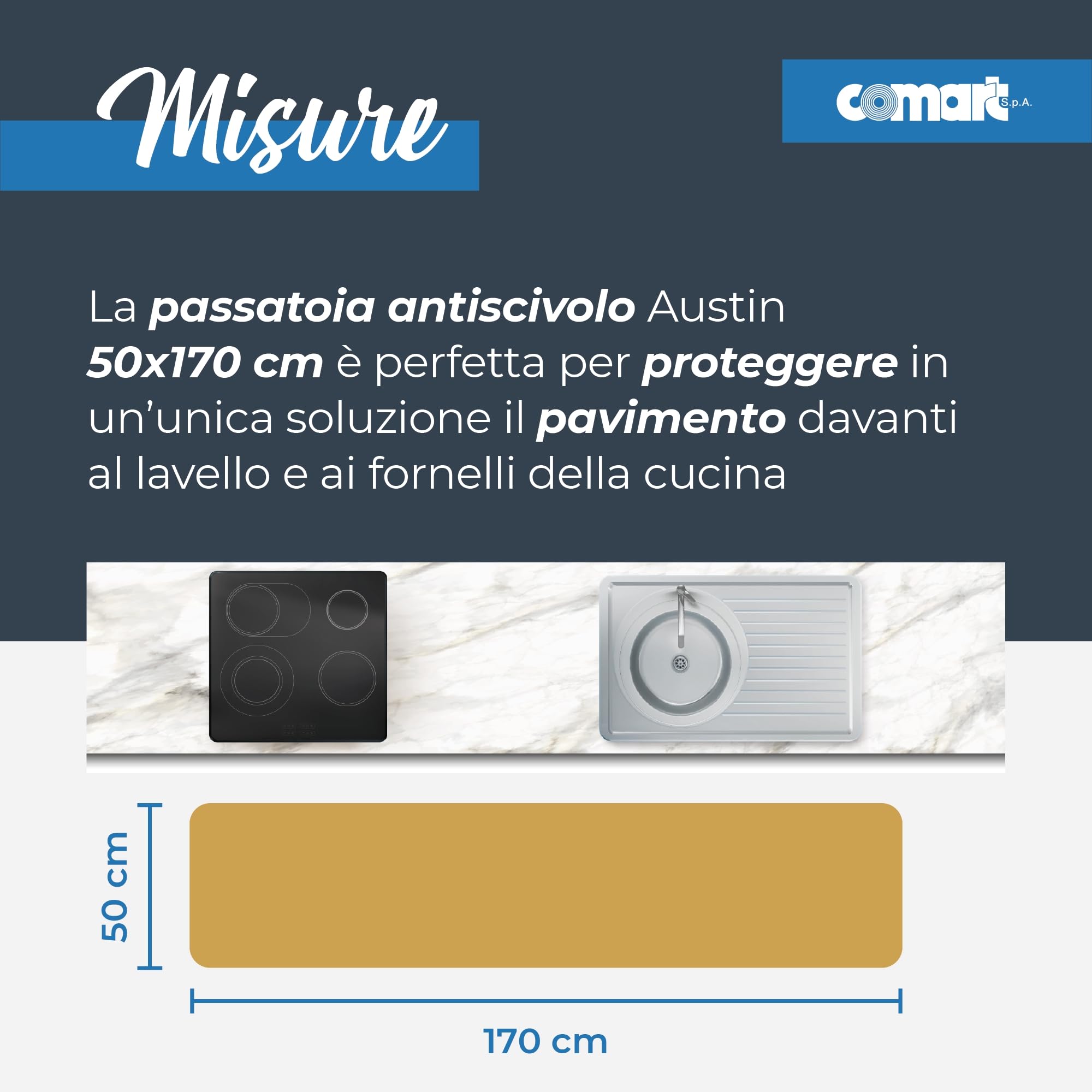 Comart - Tappeto Cucina Austin - Impermeabile - Antiscivolo - Antimacchia - Lavabile in Lavatrice - Passatoia in Poliestere - per Corridoio e Cucina - Made in Italy - Piastrelle Tiles - 50x170 cm