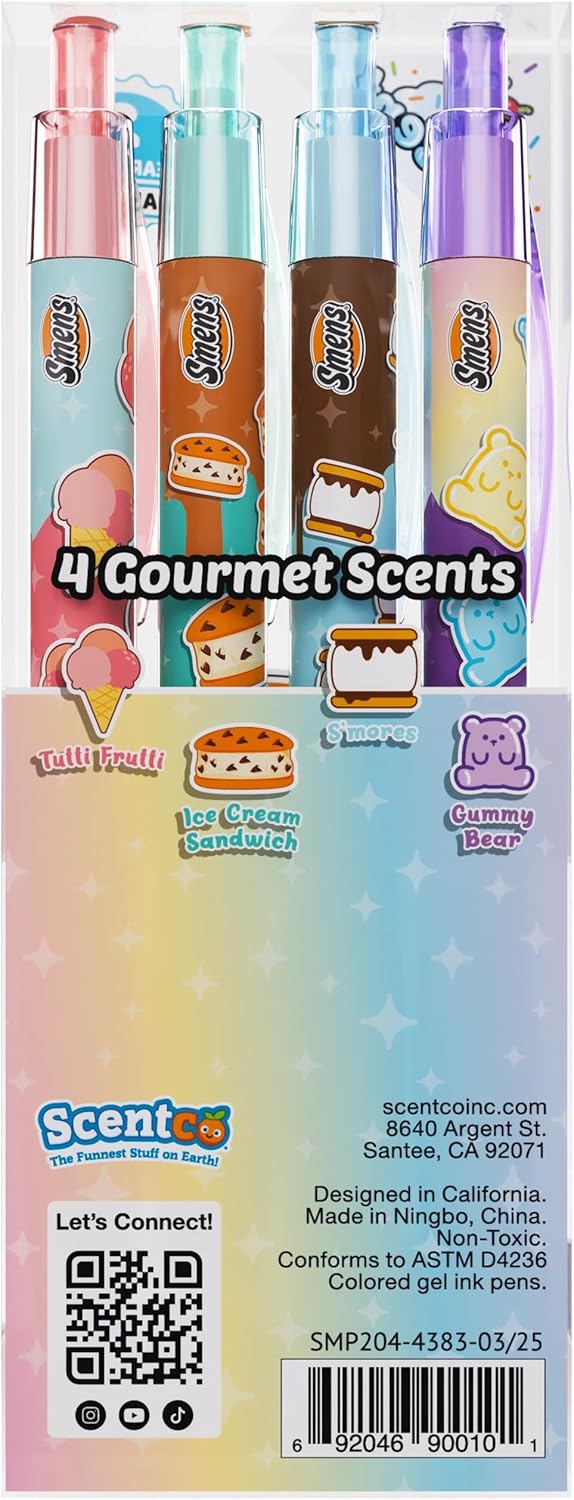 Dessert Smens – 4 Pack Colored Glitter Gel Ink Pens with Gourmet Scented Grips (Tutti Frutti, Ice Cream Sandwich, S’mores, Gummy Bear) – Fun Smelly Pens for Kids, Students & Adults - Image 5
