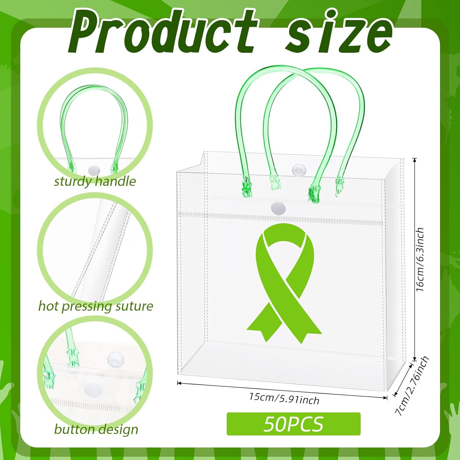 Silkfly 50 Pcs Mental Health Awareness Gift Bags Bulk with Handle Green PVC Party Favor Goody Tote Bags with Button Reusable Mental Health Awareness Item