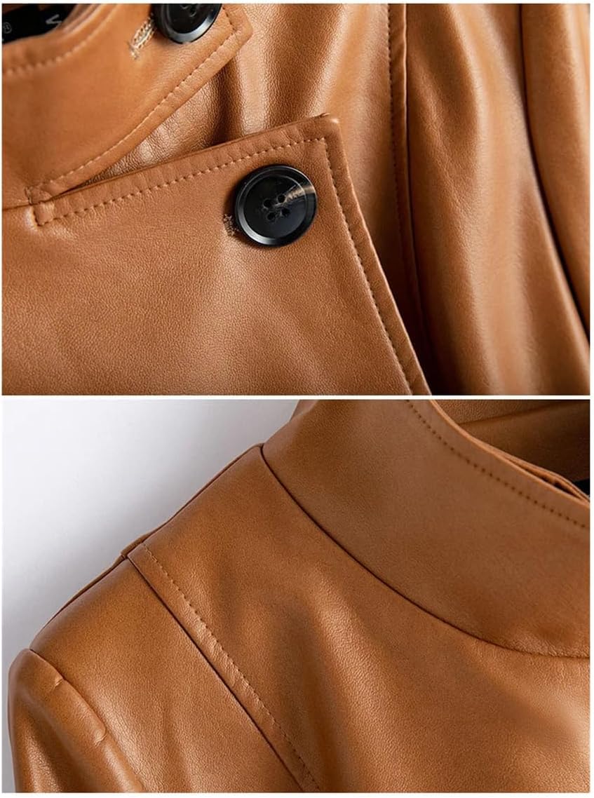 Haitpant Women's Spring Autumn Leather Coat Fashion Stand Collar Long Sleeve Trench Coat Split Casual Overcoat