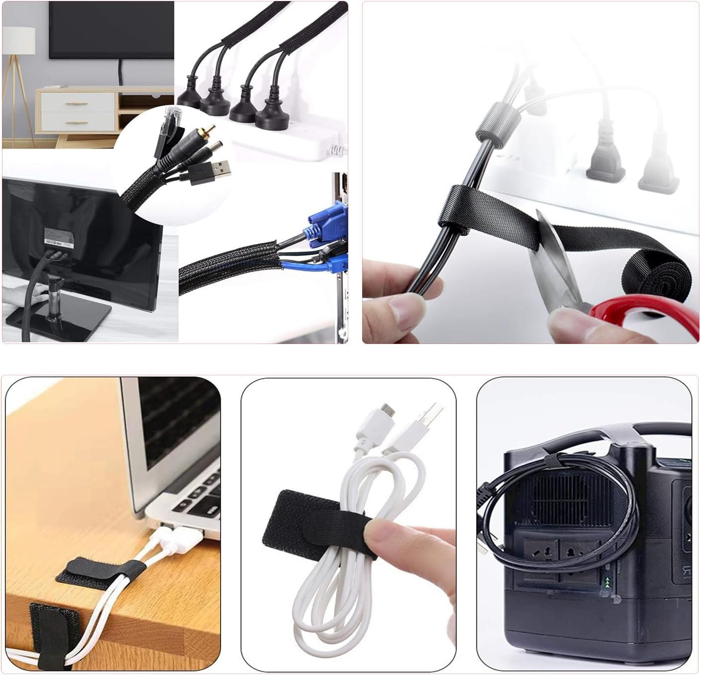 189PCS Cable Management Kit, 6 Cable Sleeve40 Cable Clips with 11Cord Holders, 2 Roll Self Tie, 10 Self Adhesive Cord Organizer, 100 Fastening Cable Ties,10 Cable Zip Tie Mounts