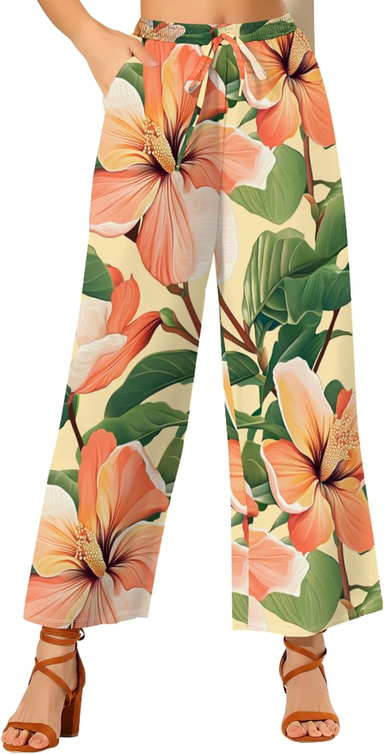 ★POLYSOOEM★ HAWAIIAN SUMMER PANTS Womens Hawaiian Print Casual Wide Leg Pants Loose High