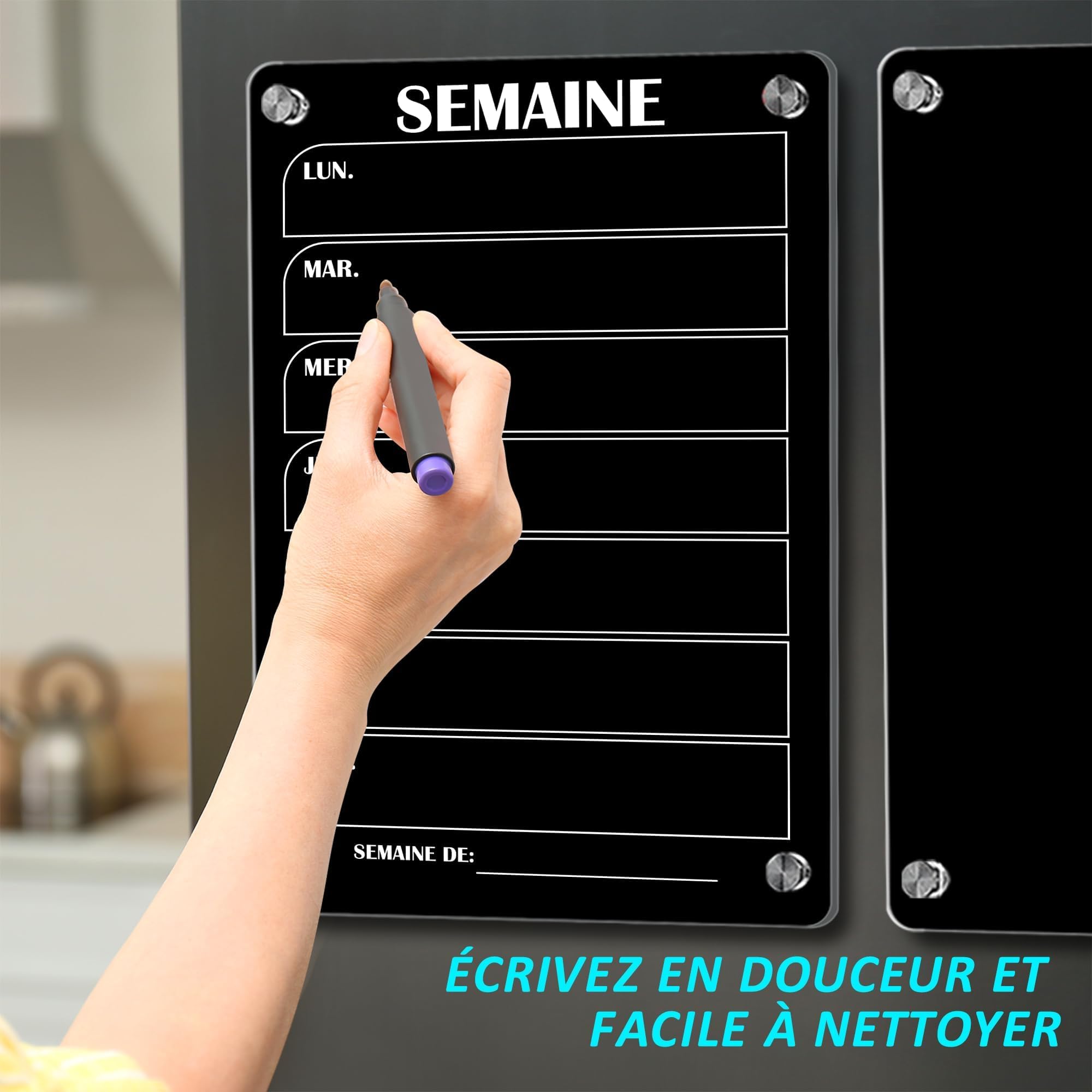 Planning Frigo Magnétique 2 Set - Tableau Acrylique Effaçable, 20x30 Cm, Avec 6 Marqueurs, Aimants Forts - Pour Organisation Hebdomadaire, Repas, Tâches - 3