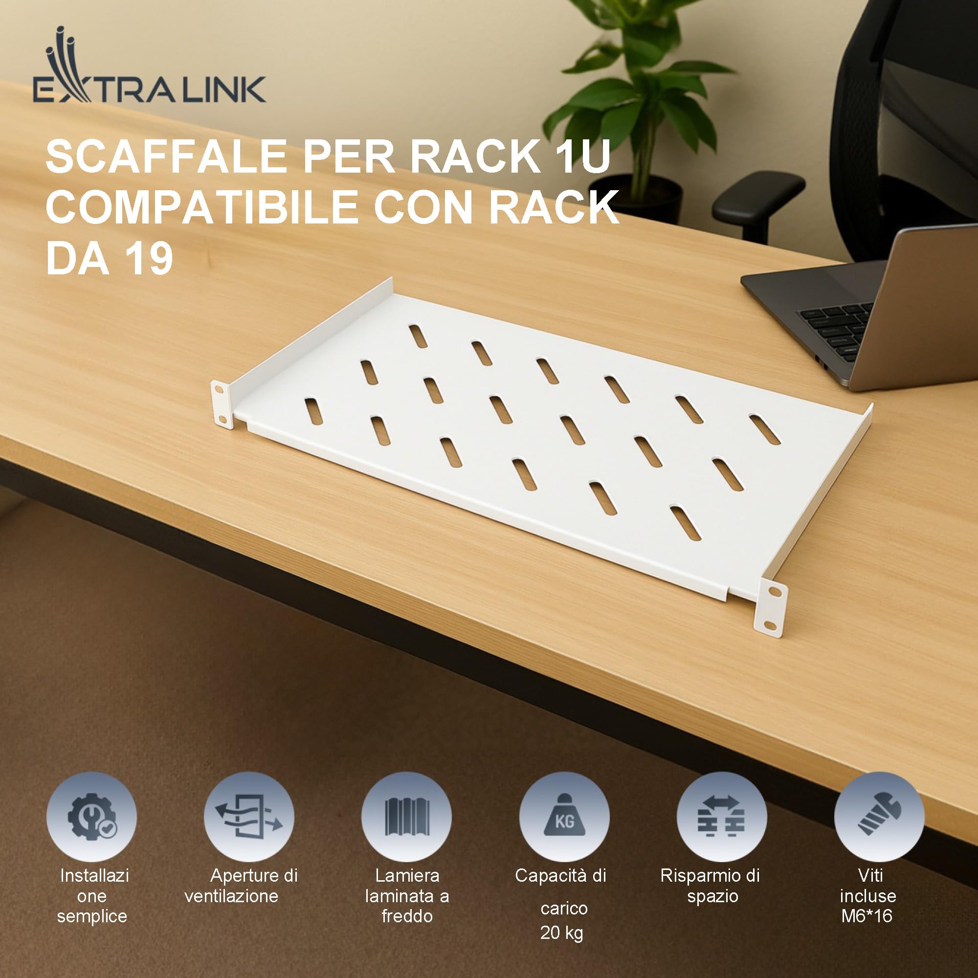 Extralnik Mensola Rack 19 1U, Profondità 300 mm, Acciaio, Max. 20 kg di Capacità di Carico, Montaggio Universale, per Armadi Server e Componenti IT, Kit di Montaggio Incluso, Grigio