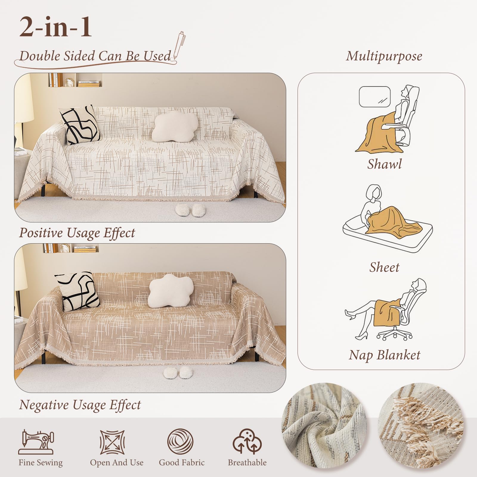 Copridivano Reversibile in Ciniglia, Copridivano 3 Posti, Telo Copridivano Morbida e Accogliente, Copridivano Antigraffio Gatto,Copriletto Leggero Multiuso 180 * 230cm-Cachi