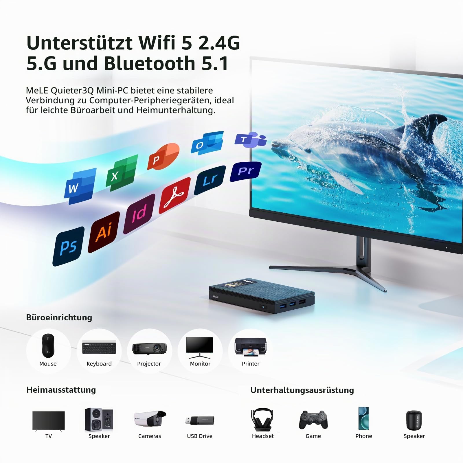 MeLE Quieter3Q Lüfterloser Mini PC Windows 11 Pro Celeron N5105 8GB 256GB, Portable Desktop HDMI WiFi 6 Gigabit Ethernet, Micro PC Unlock Bios Auto Power on, SSD PXE on Astrofotografie Telefotografie