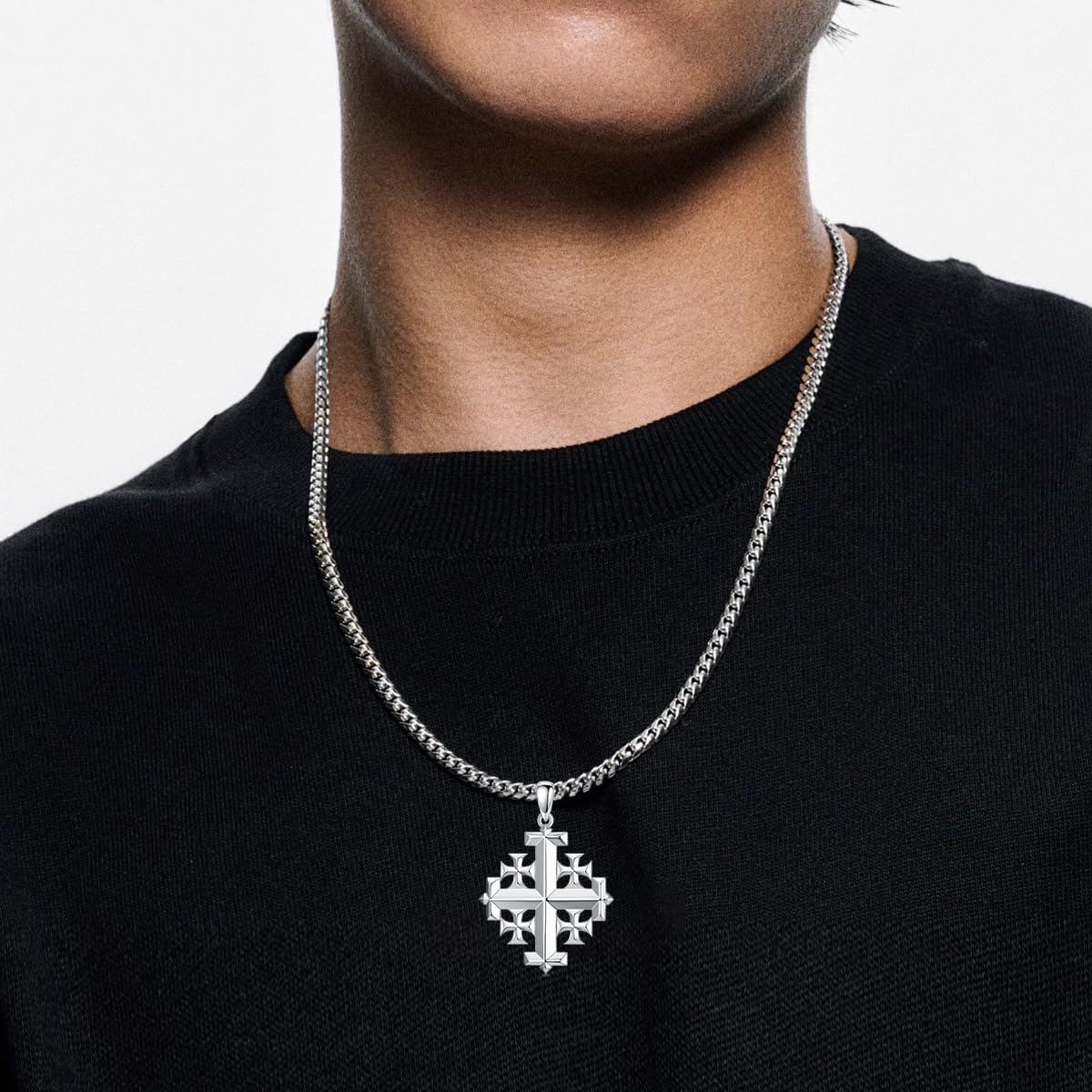 Jerusalem Cross Necklace 925 Sterling Silver Christian Jewelry for Men, w/Stainless Steel Chain 22 + 2 Inch