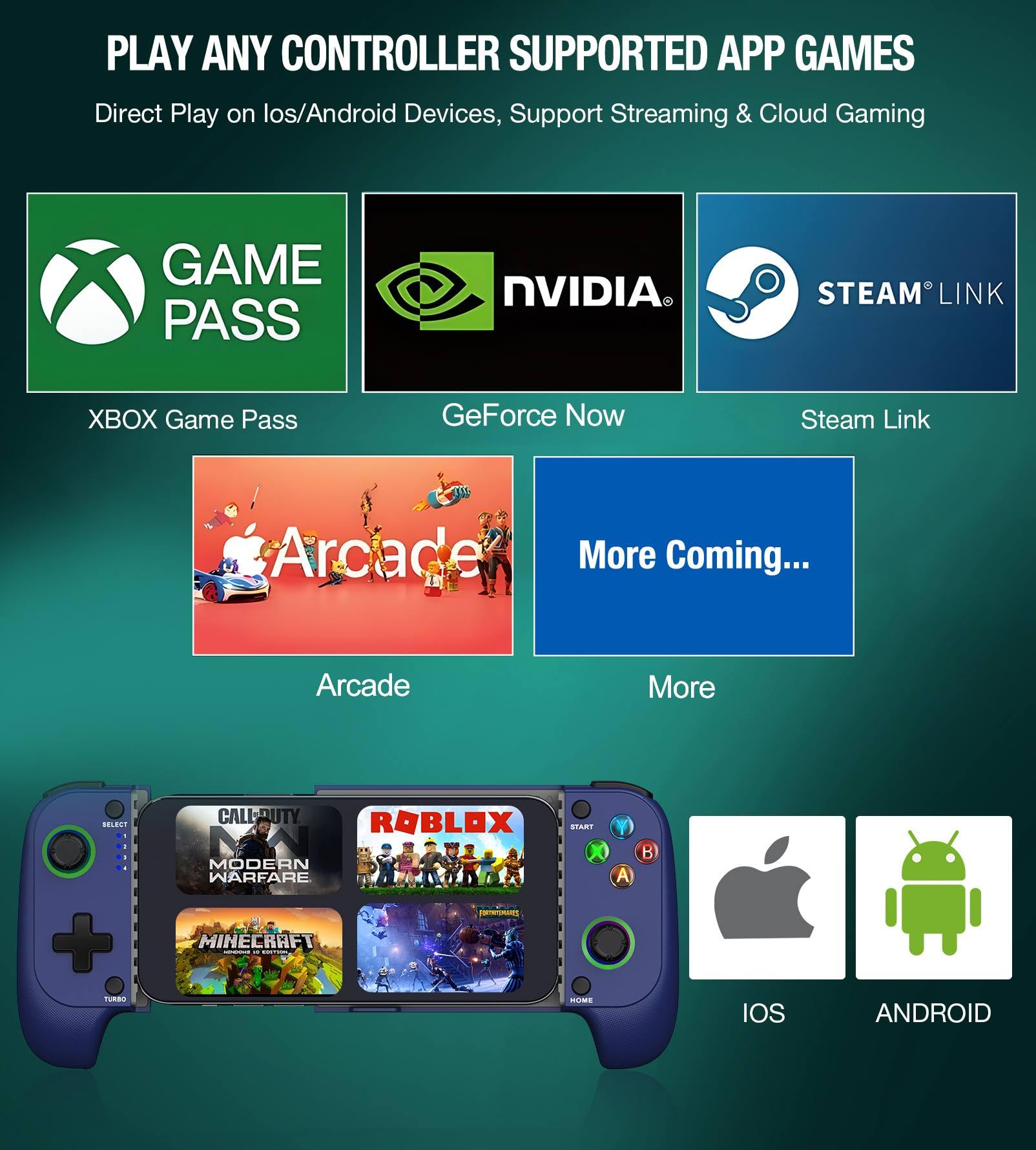 AIfasterfly Controller di gioco mobile wireless per iPhone/Android, controller di gioco effetto Hall, custodia per telefono, adatto per Steam Link, Roblox, Call of Duty e altro, blu