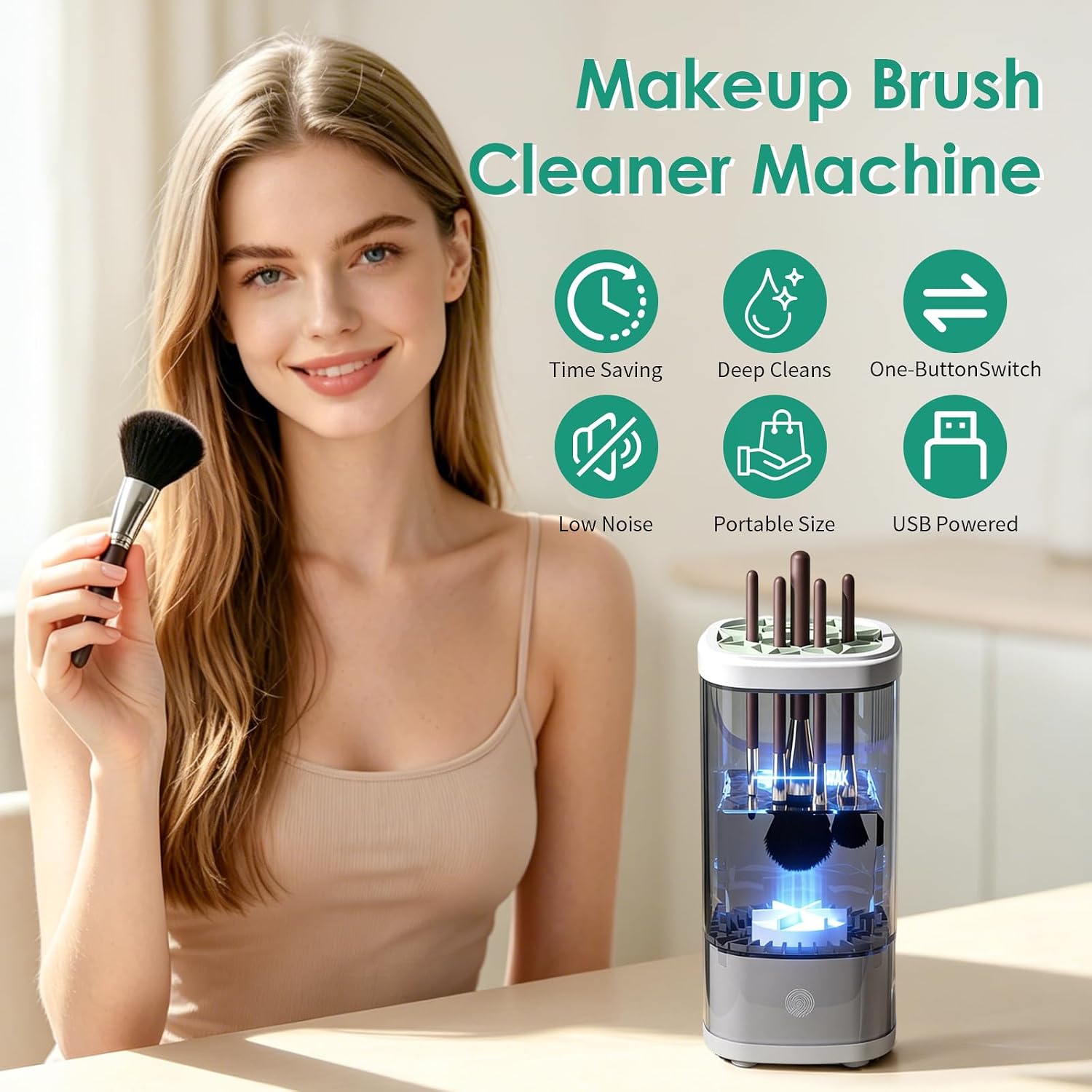 Electric Makeup Brush Cleaner Machine Automatic Deep Cleaning (Air Clean) | 3 in 1 Wash, Dry & Store, Silicone Slots Fit All Brush Sizes, Fast Spin Dry, USB Powered, Touch Control, Ideal gift for women